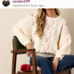 Entro Cream Cable Knit Sweater with Red and Green Accents